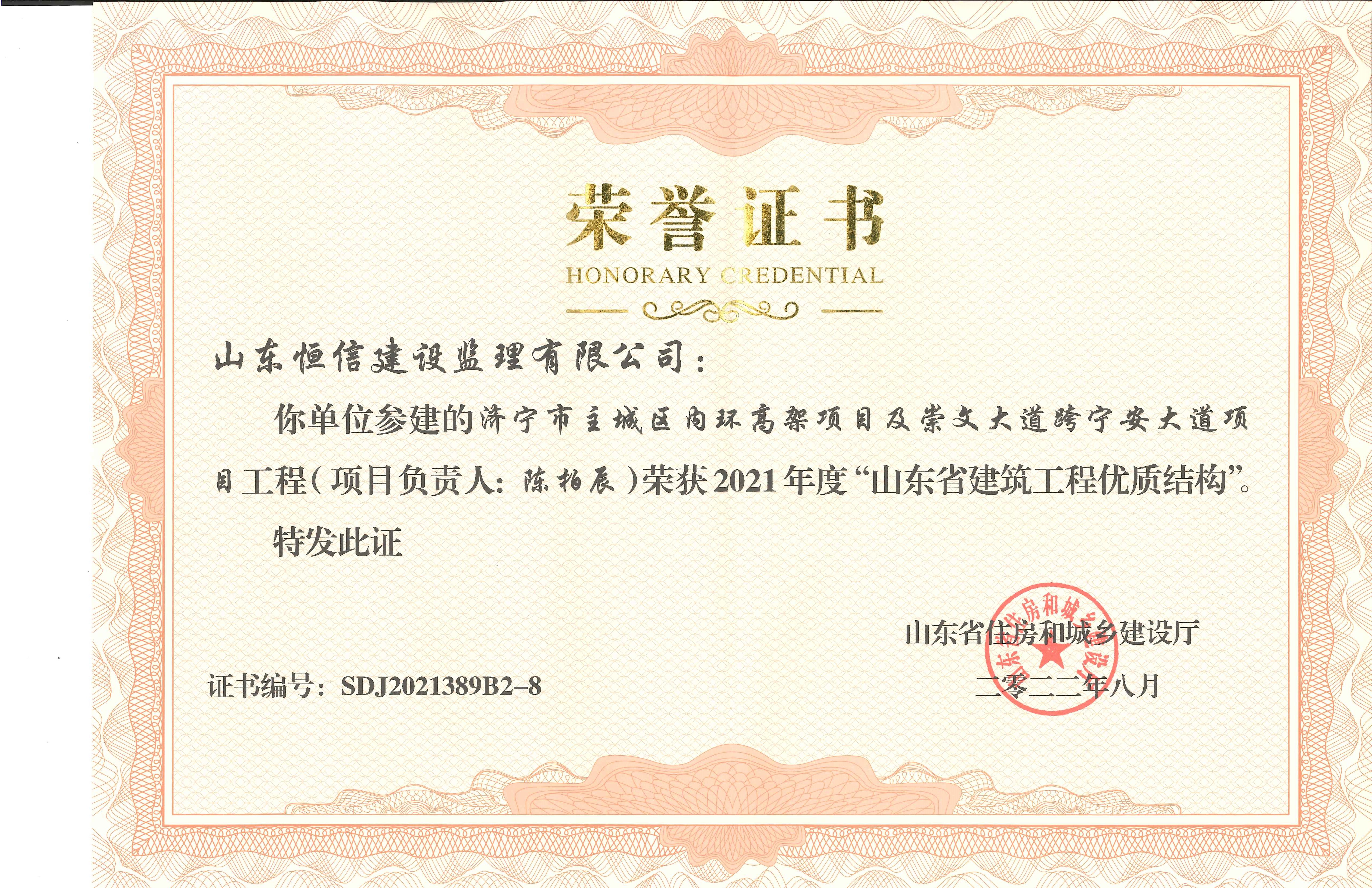 2021年度山東省建筑工程優質結構-濟寧市主城區內環高架項目及崇文大道跨寧安大道項目陳柏辰